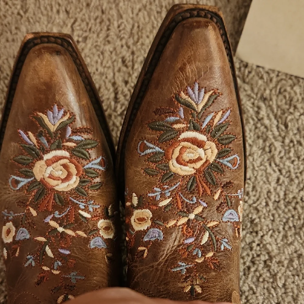 Shyanne Floral Embroidered Tan Heeled Boots - Picture 6 of 6
